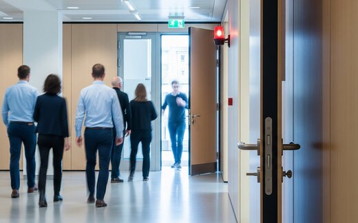 Personen verlassen im Alarmfall ein Bürogebäude durch eine Fluchttüre. 