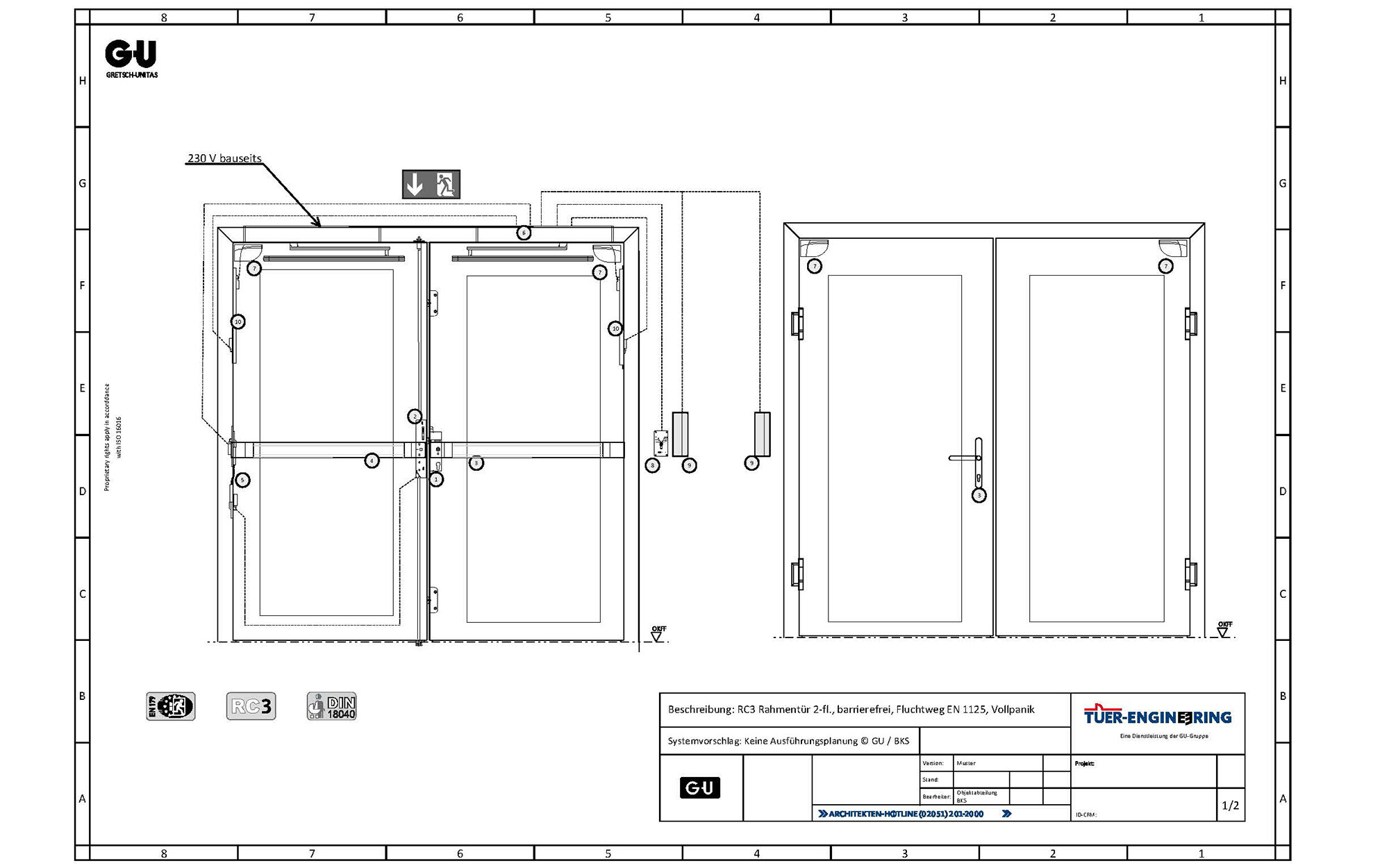 Zeichnung RC3 Vollpaniktür barrierefrei Fluchttür