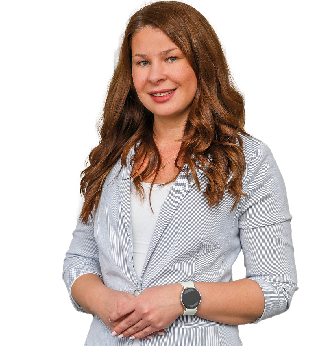 Frau trägt Blazer und Smartwatch