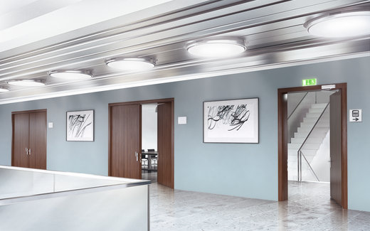 Flurbereich Bürogebäude – 1-flügelige Holztür als Fluchtwegtür – mit Obentürschließer OTS 430 – Tür geöffnet