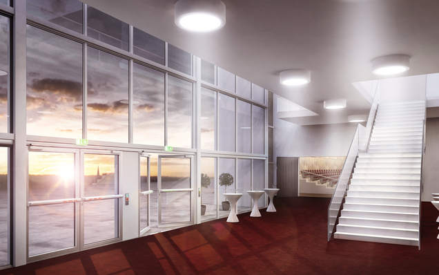 Theaterfoyer, 2-flügelige Paniktüren mit Touch Bar EVT, Türen geschlossen